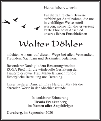 Traueranzeige von Walter Döhler von Südthüringer Presse