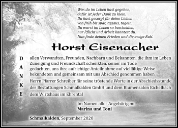 Traueranzeige von Horst Eisenacher von Südthüringer Presse