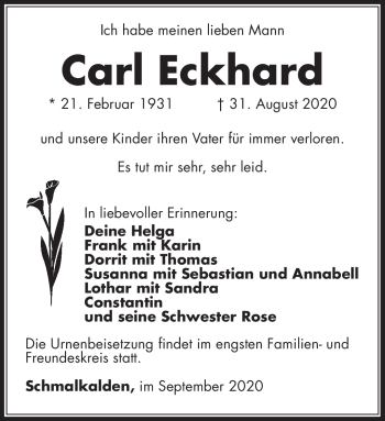 Traueranzeige von Carl Eckhard von Südthüringer Presse
