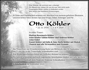 Traueranzeige von Otto Köhler von Südthüringer Presse