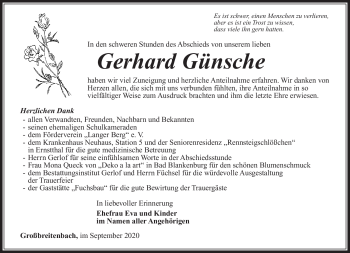 Traueranzeige von Gerhard Günsche von Südthüringer Presse