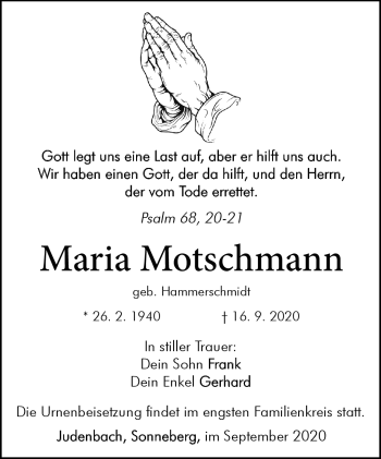 Traueranzeige von Maria Motschmann von Südthüringer Presse