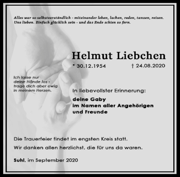 Traueranzeige von Helmut Liebchen von Südthüringer Presse