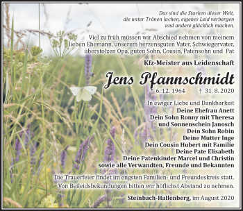 Traueranzeige von Jens Pfannschmidt von Südthüringer Presse