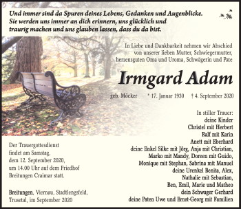 Traueranzeige von Irmgard Adam von Südthüringer Presse
