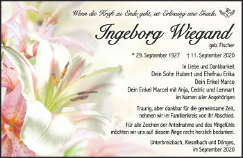 Traueranzeige von Ingeborg Wiegand von Südthüringer Presse
