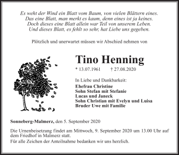 Traueranzeige von Tino Henning von Neue Presse Coburg