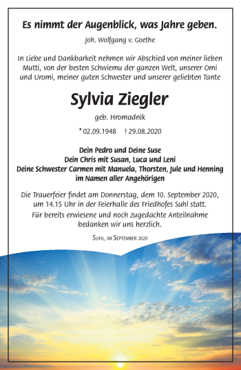Traueranzeige von Sylvia Ziegler von Südthüringer Presse