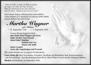 Traueranzeige von Martha Wagner von Südthüringer Presse