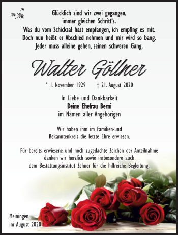 Traueranzeige von Walter Göllner von Südthüringer Presse
