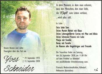 Traueranzeige von Yves Schneider von Südthüringer Presse