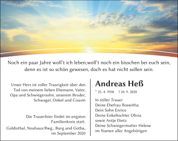 Traueranzeige von Andreas Heß von Südthüringer Presse