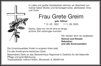 Traueranzeige von Grete Greim von Frankenpost