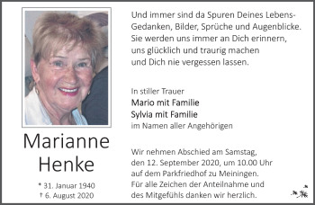 Traueranzeige von Marianne Henke von Südthüringer Presse
