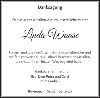 Traueranzeige von Linda Waase von Südthüringer Presse