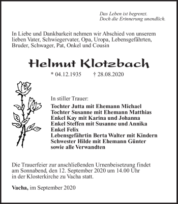 Traueranzeige von Helmut Klotzbach von Südthüringer Presse