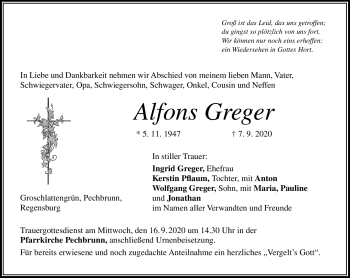Traueranzeige von Alfons Greger von Frankenpost