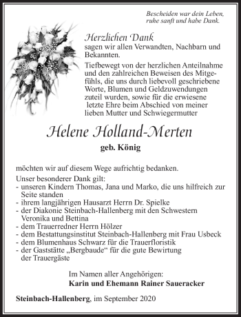 Traueranzeige von Helene Holland- Merten von Südthüringer Presse