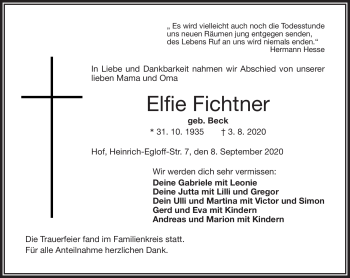 Traueranzeige von Elfie Fichtner von Frankenpost