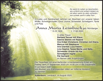 Traueranzeige von Anna Maria Leimbach von Südthüringer Presse