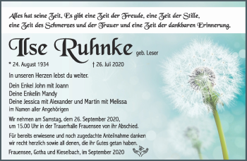Traueranzeige von Ilse Ruhnke von Südthüringer Presse