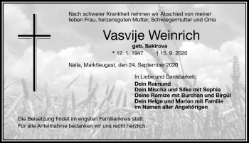 Traueranzeige von Vasvije Weinrich von Frankenpost