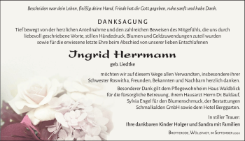 Traueranzeige von Ingrid Herrmann von Südthüringer Presse