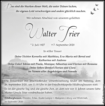 Traueranzeige von Walter Trier von Südthüringer Presse