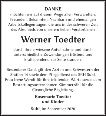 Traueranzeige von Werner Toedter von Südthüringer Presse