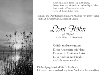 Traueranzeige von Loni Höhn von Neue Presse Coburg