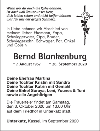 Traueranzeige von Bernd Blankenburg von Südthüringer Presse