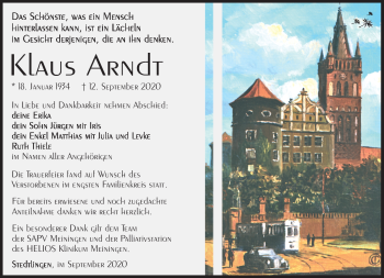 Traueranzeige von Klaus Arndt von Südthüringer Presse