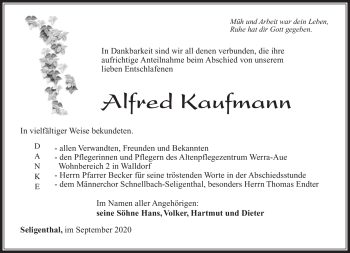 Traueranzeige von Alfred Kaufmann von Südthüringer Presse