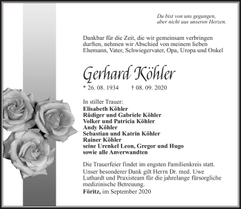 Traueranzeige von Gerhard Köhler von Südthüringer Presse