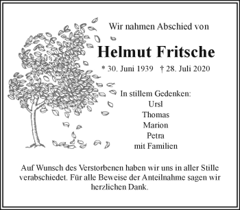 Traueranzeige von Helmut Fritsche von Frankenpost