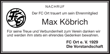 Traueranzeige von Max Köbrich von Frankenpost