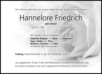 Traueranzeige von Hannelore Friedrich von Neue Presse Coburg