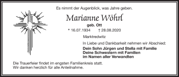Traueranzeige von Marianne Wöhrl von Frankenpost