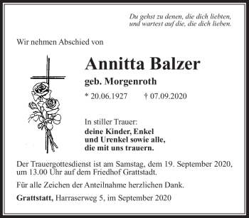 Traueranzeige von Annitta Balzer von Südthüringer Presse