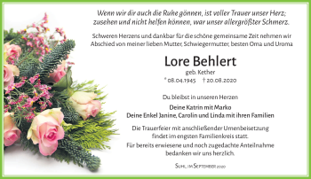 Traueranzeige von Lore Behlert von Südthüringer Presse
