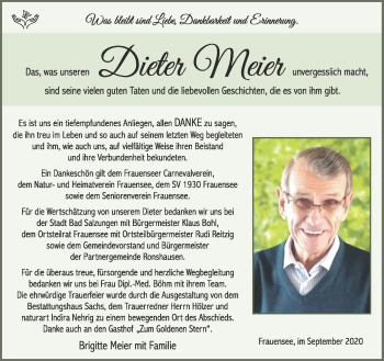 Traueranzeige von Dieter Meier von Südthüringer Presse