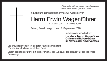 Traueranzeige von Erwin Wagenführer von Frankenpost