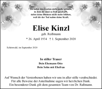 Traueranzeige von Elise Kinzl von Frankenpost