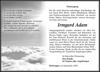 Traueranzeige von Irmgard Adam von Südthüringer Presse