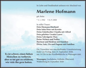 Traueranzeige von Marlene Hofmann von Südthüringer Presse