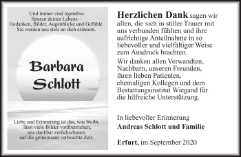 Traueranzeige von Barbara Schlott von Südthüringer Presse