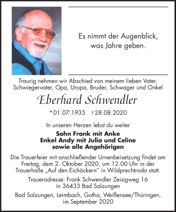 Traueranzeige von Eberhard Schwendler von Südthüringer Presse