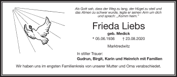 Traueranzeige von Frieda Liebs von Frankenpost