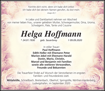 Traueranzeige von Helga Hoffmann von Südthüringer Presse