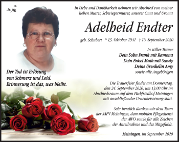 Traueranzeige von Adelheid Endter von Südthüringer Presse